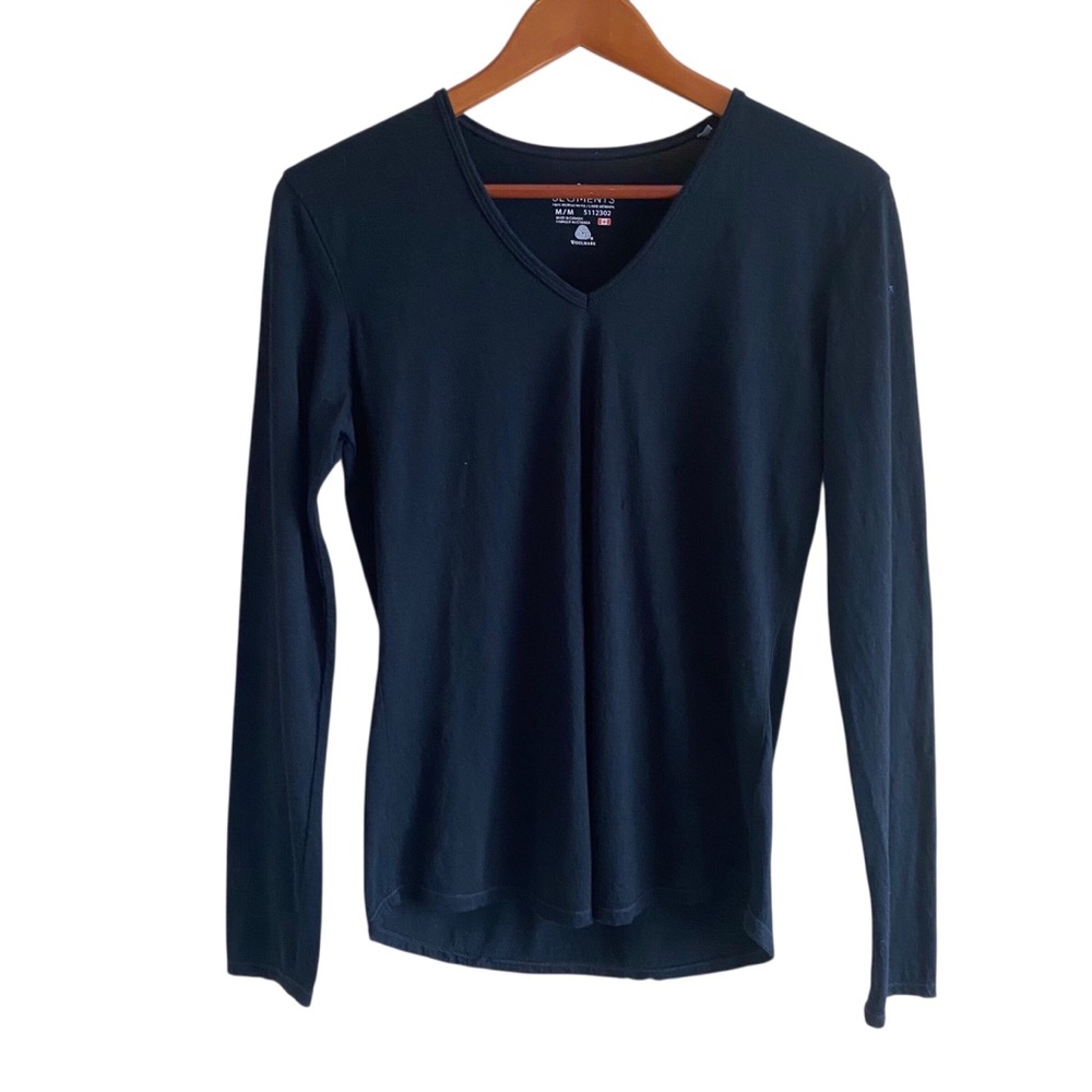 Segments Black VNeck Long Sleeve 100% Merino Wool Top Woman Medium Gorpcore FLAW